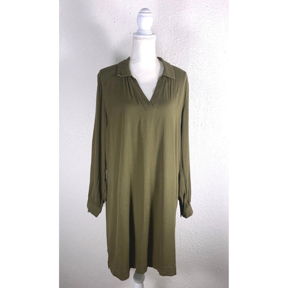 Frank And Oak Olive Green Lyocell V-Neck Shift Dress XL Long Sleeve Collared